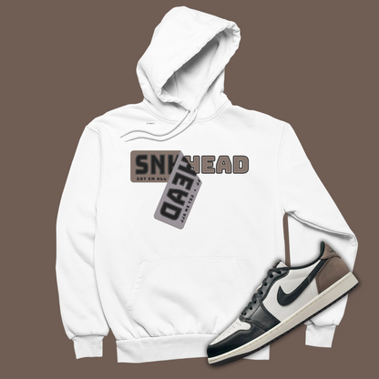 Sneakerhead Sticker White Hoodie Matching Jordan 1 Low OG Mocha