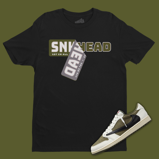 Sneakerhead Sticker Black T-Shirt Matching Travis Scott x Air Jordan 1 Low OG Medium Olive