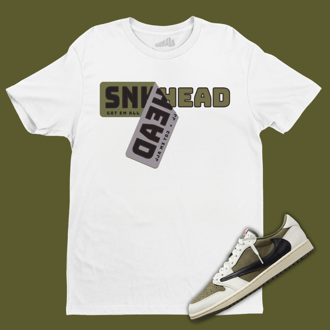 Sneakerhead Sticker White T-Shirt Matching Travis Scott x Air Jordan 1 Low OG Medium Olive