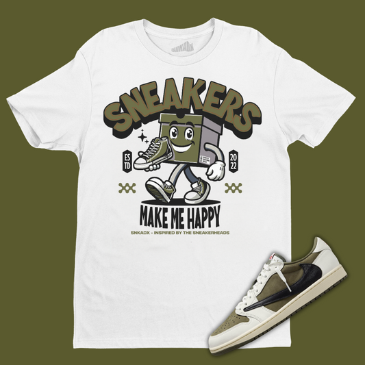 Sneakers Make Me Happy White T-Shirt Matching Travis Scott x Air Jordan 1 Low OG Medium Olive