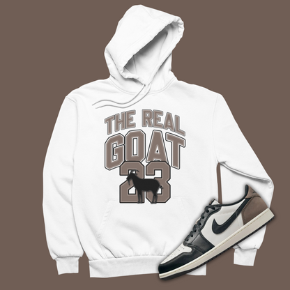 The Real GOAT White Hoodie Matching Jordan 1 Low OG Mocha