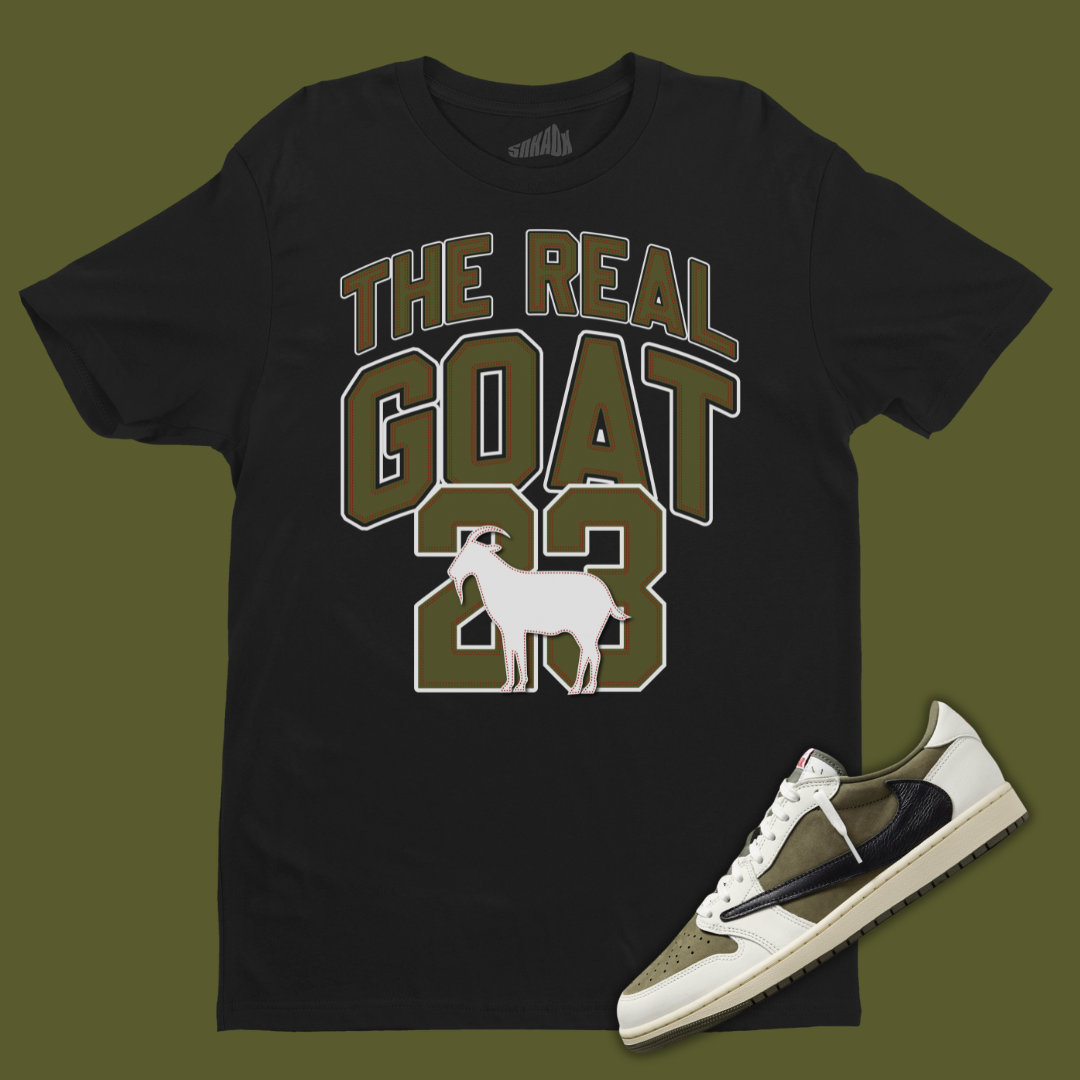 The Real GOAT Black T-Shirt Matching Travis Scott x Air Jordan 1 Low OG Medium Olive