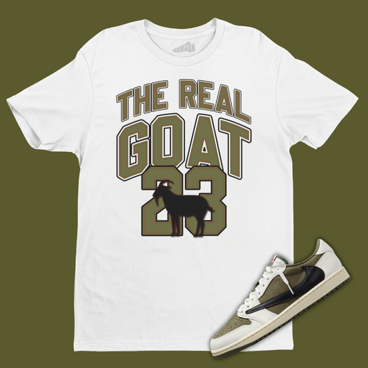 The Real GOAT White T-Shirt Matching Travis Scott x Air Jordan 1 Low OG Medium Olive