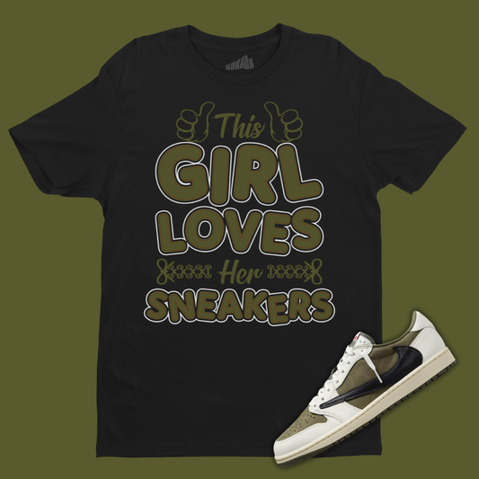 This Girl Loves Sneakers Black T-Shirt Matching Travis Scott x Air Jordan 1 Low OG Medium Olive