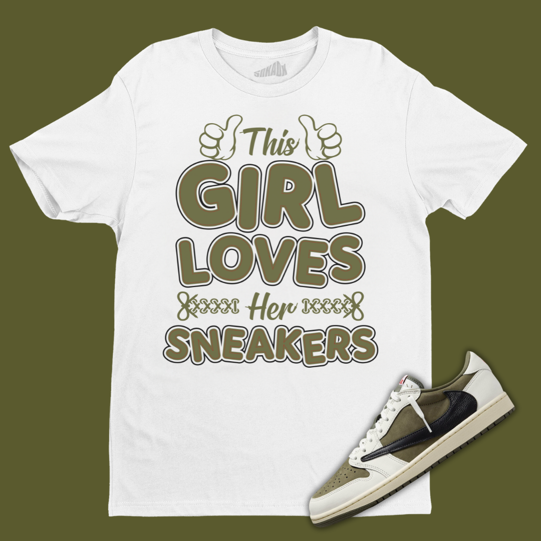 This Girl Loves Sneakers White T-Shirt Matching Travis Scott x Air Jordan 1 Low OG Medium Olive