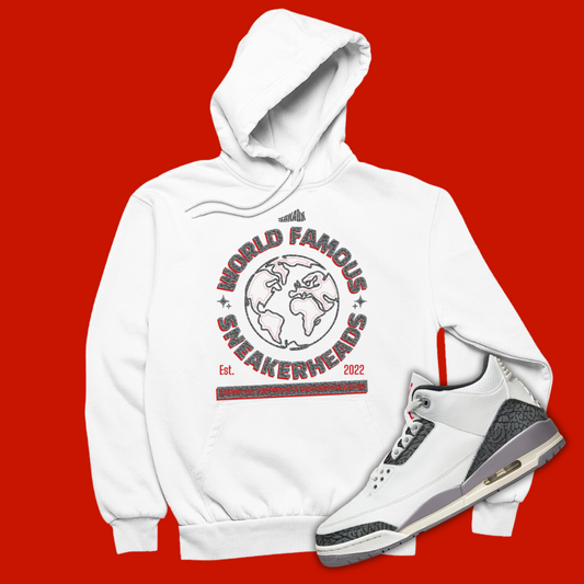 World Famous Sneakerhead White Hoodie Matching Jordan 3 Cement Grey