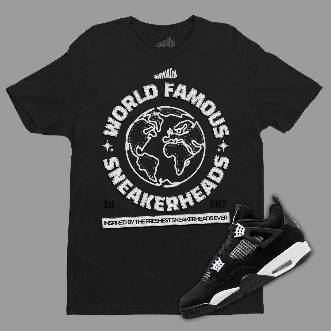 World Famous Sneakerhead Black T-Shirt Matching Jordan 4 White Thunder