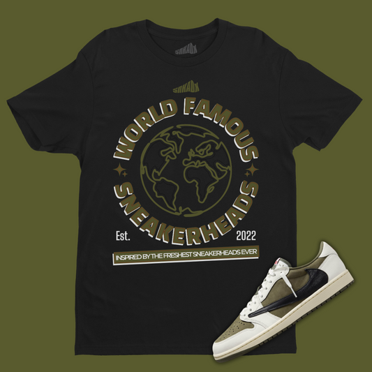 World Famous Sneakerhead Black T-Shirt Matching Travis Scott x Air Jordan 1 Low OG Medium Olive