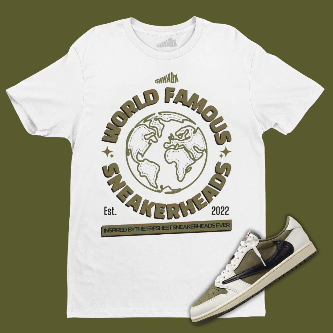 World Famous Sneakerhead White T-Shirt Matching Travis Scott x Air Jordan 1 Low OG Medium Olive