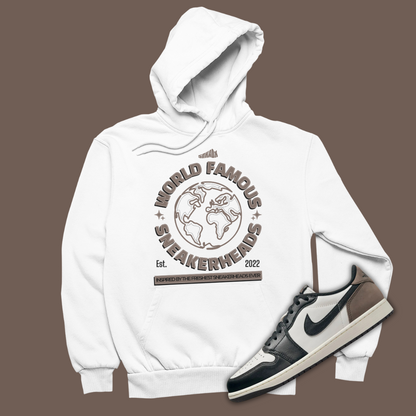 World Famous Sneakerheads White Hoodie Matching Jordan 1 Low OG Mocha