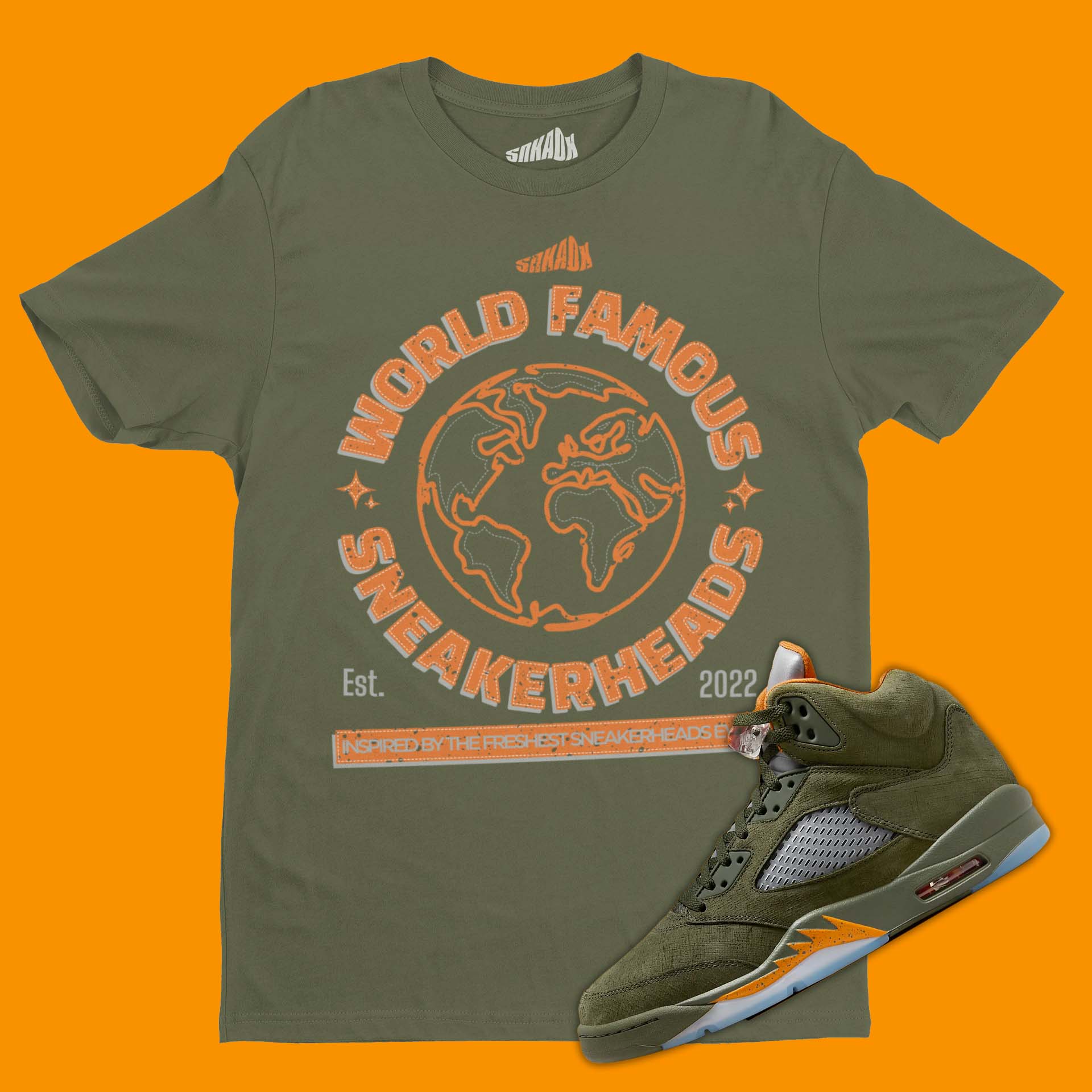 Air Jordan 5 Olive Tshirt World Famous Sneakerheads Tee SNKADX