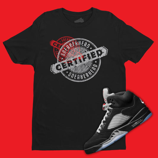 Air Jordan 5 Black Metallic Reimagined black sneaker matching t-shirt with Certified Sneakerhead design