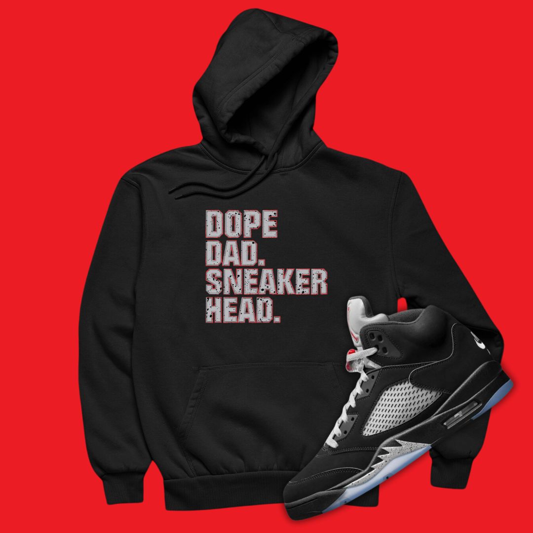 Air Jordan 5 Black Metallic Reimagined matching hoodie with Dope Dad Sneakerhead design