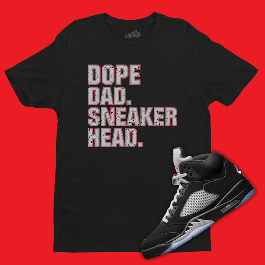 Air Jordan 5 Black Metallic Reimagined matching black tee with Dope Dad Sneakerhead design.