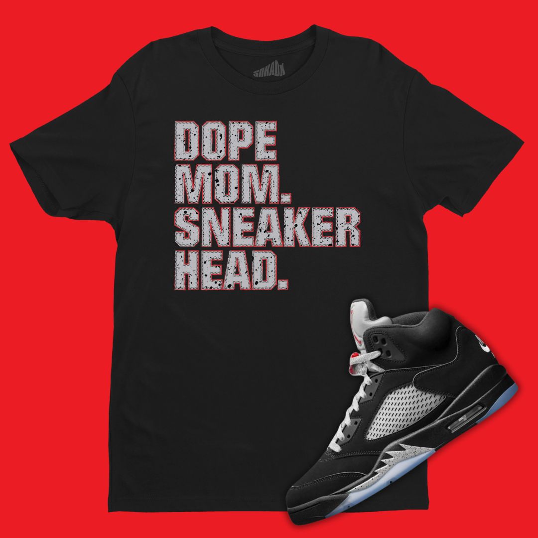 Air Jordan 5 Black Metallic Reimagined matching black t-shirt with Dope Mom Sneakerhead