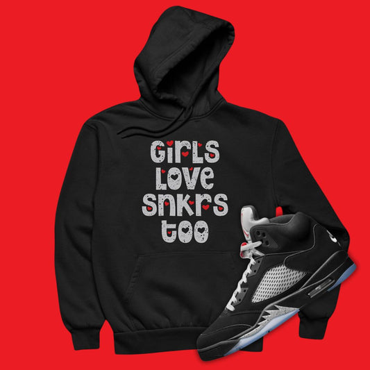 Air Jordan 5 Black Metallic Reimagined matching hoodie with Girls Love Sneakers Too graphic