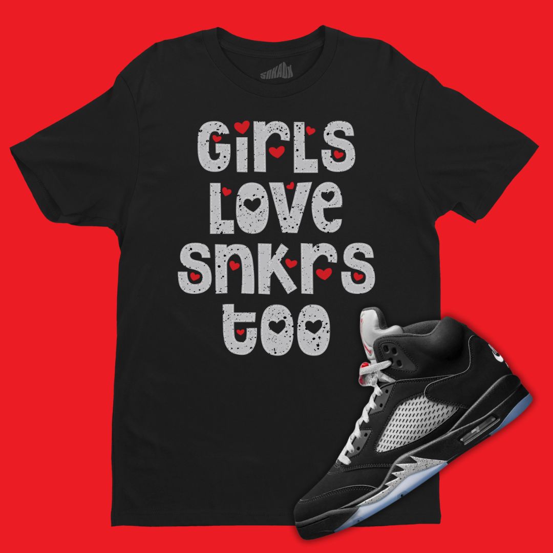 Girls Love Sneakers Too black T-Shirt Matching Jordan 5 Black Metallic Reimagined