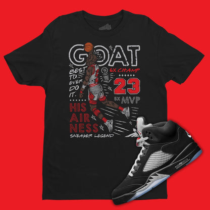 Air Jordan 5 Black Metallic Reimagined matching t-shirt with GOAT design.