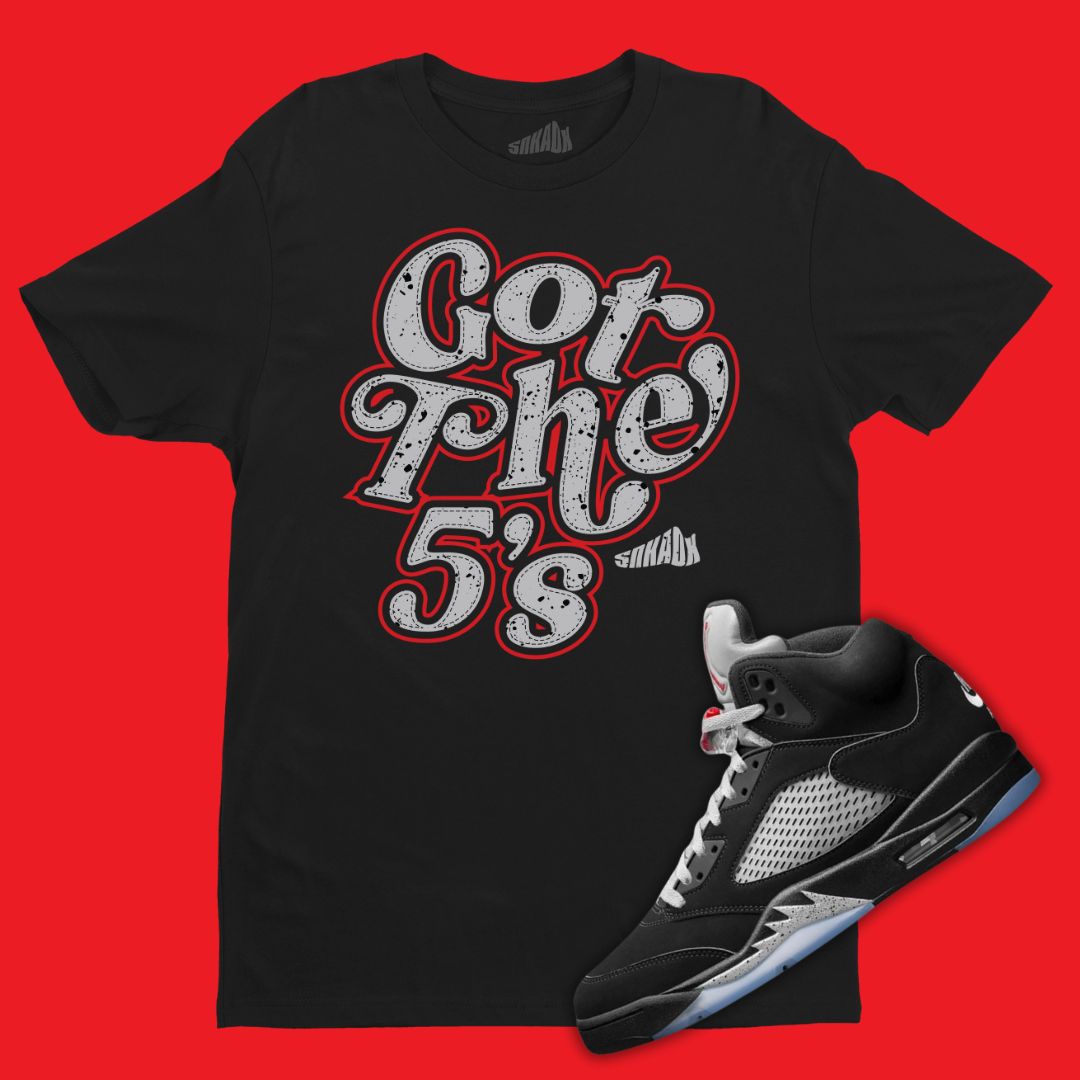 Air Jordan 5 Black Metallic Reimagined sneaker matching t-shirt in black with Got The 5's design.