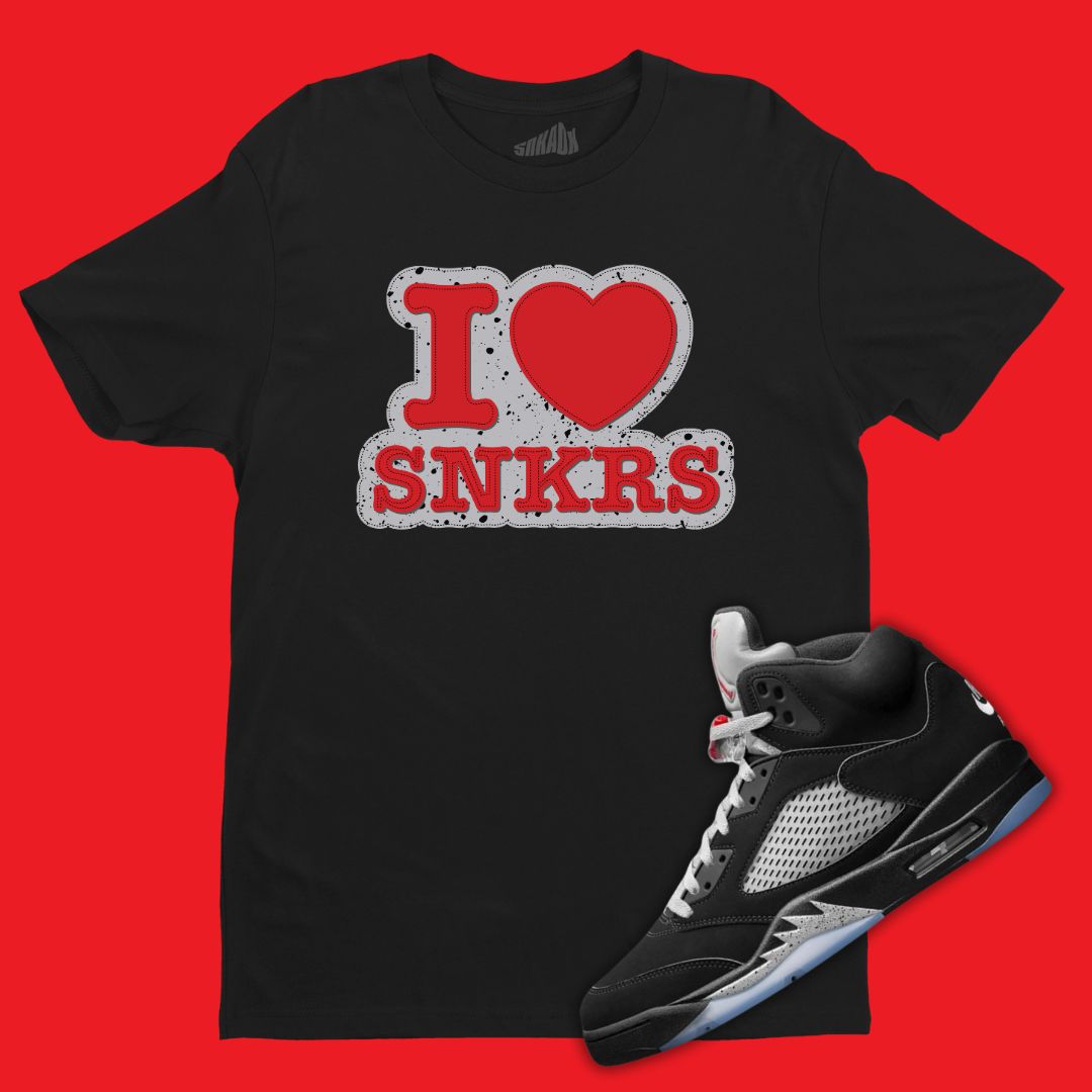 Air Jordan 5 Black Metallic Reimagined matching black t-shirt with I Loves Sneakers design.