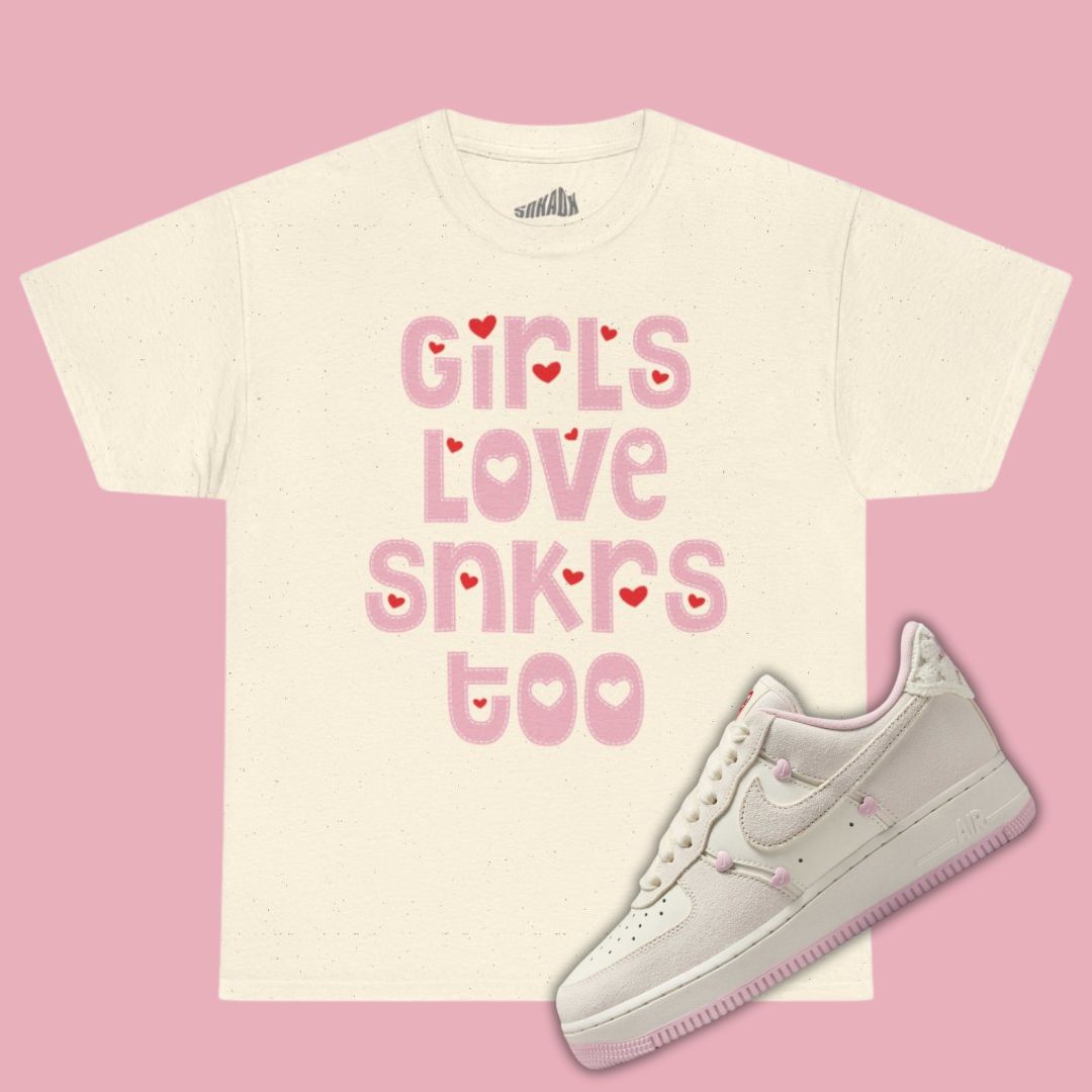 Girls Love Sneakers Too tan T-Shirt Matching Air Force 1 Low Valentine's Day 2025