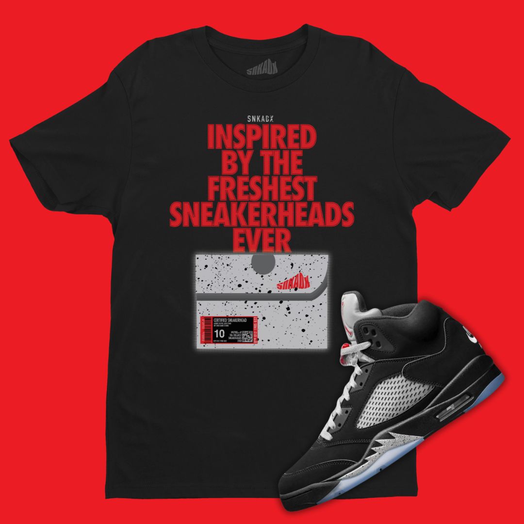 Air Jordan 5 Black Metallic Reimagined matching black t-shirt with Shoe Box design.