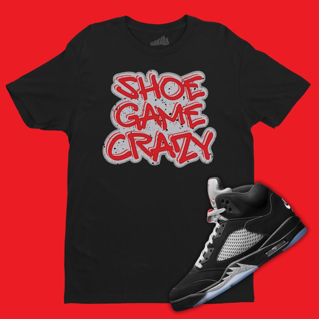 Air Jordan 5 Black Metallic Reimagined matching tee with Shoe Game Crazy design.