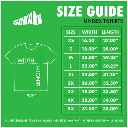 Illustrated size guide for adult unisex t-shirts, providing measurements and a chart to determine the correct fit. Includes guidance on measuring shoulder width and torso length. Helpful tips for selecting the right size based on body type.