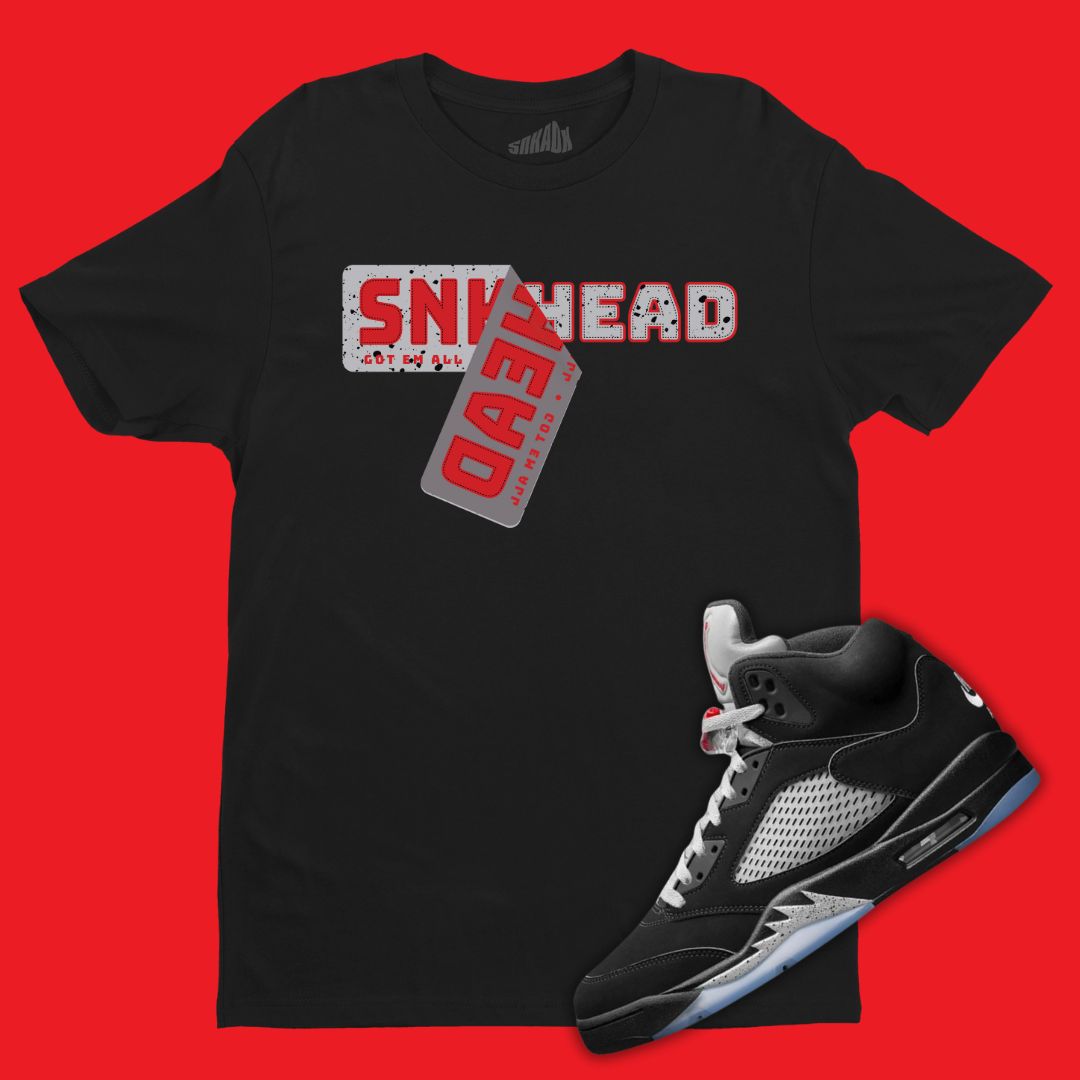 Air Jordan 5 Black Metallic Reimagined matching black t-shirt with Sneaker Sticker design.