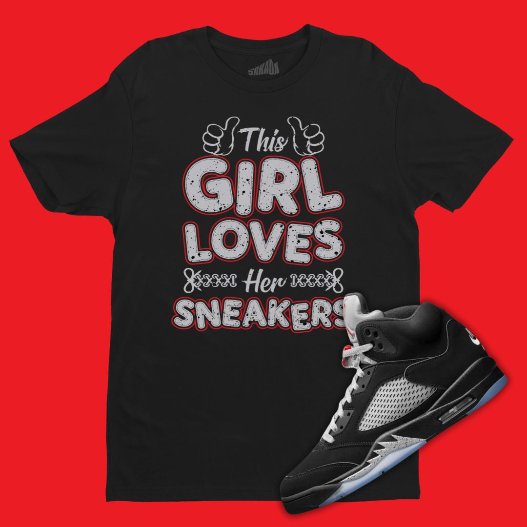 Air Jordan 5 Black Metallic Reimagined matching t-shirt with This Girl Loves Her Sneakers design.