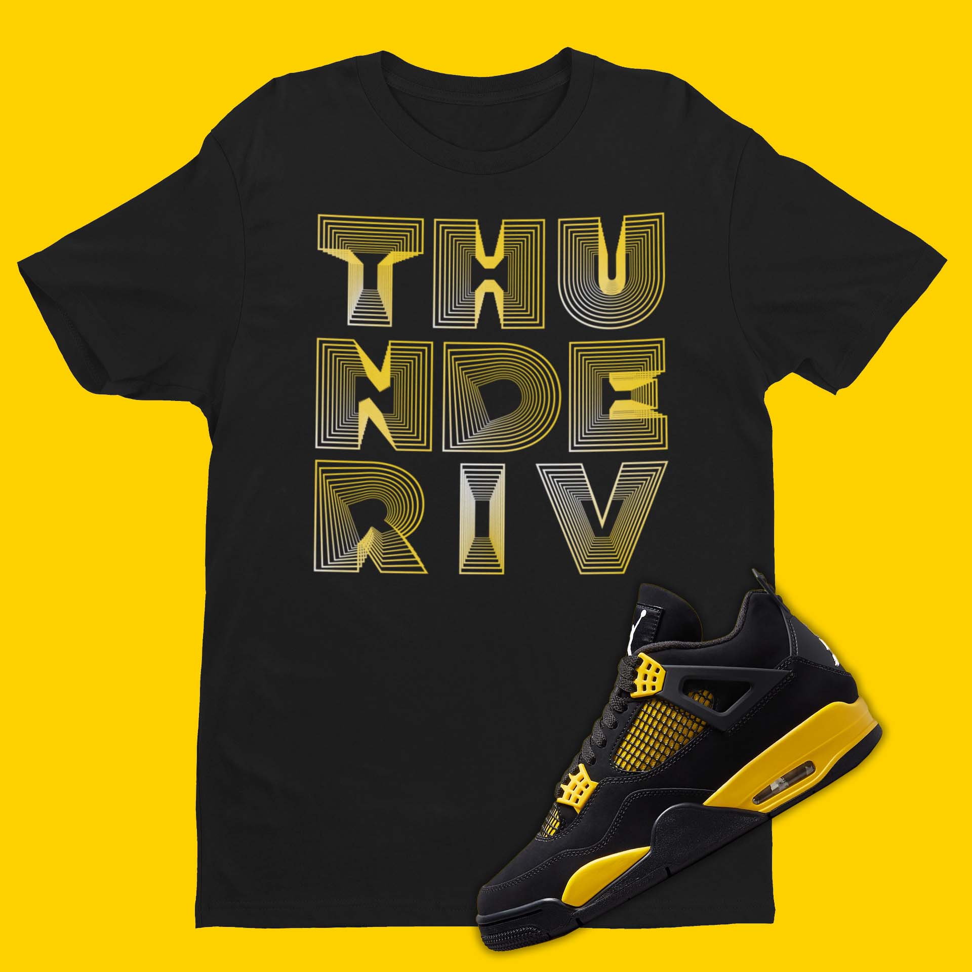 Thunder IV 3D crew neck black t-shirt with 'Thunder IV' design inspired by Air Jordan 4 Thunder sneakers.