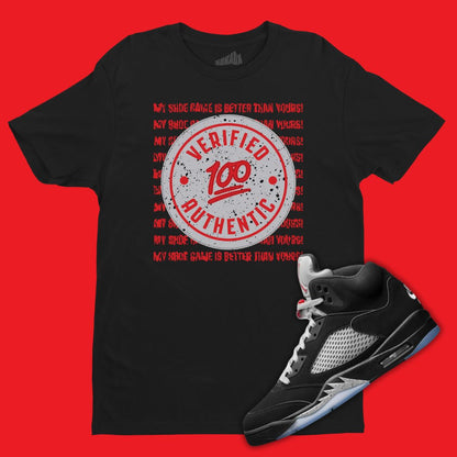 Air Jordan 5 Black Metallic Reimagined matching t-shirt in black with Verified Authentic design.