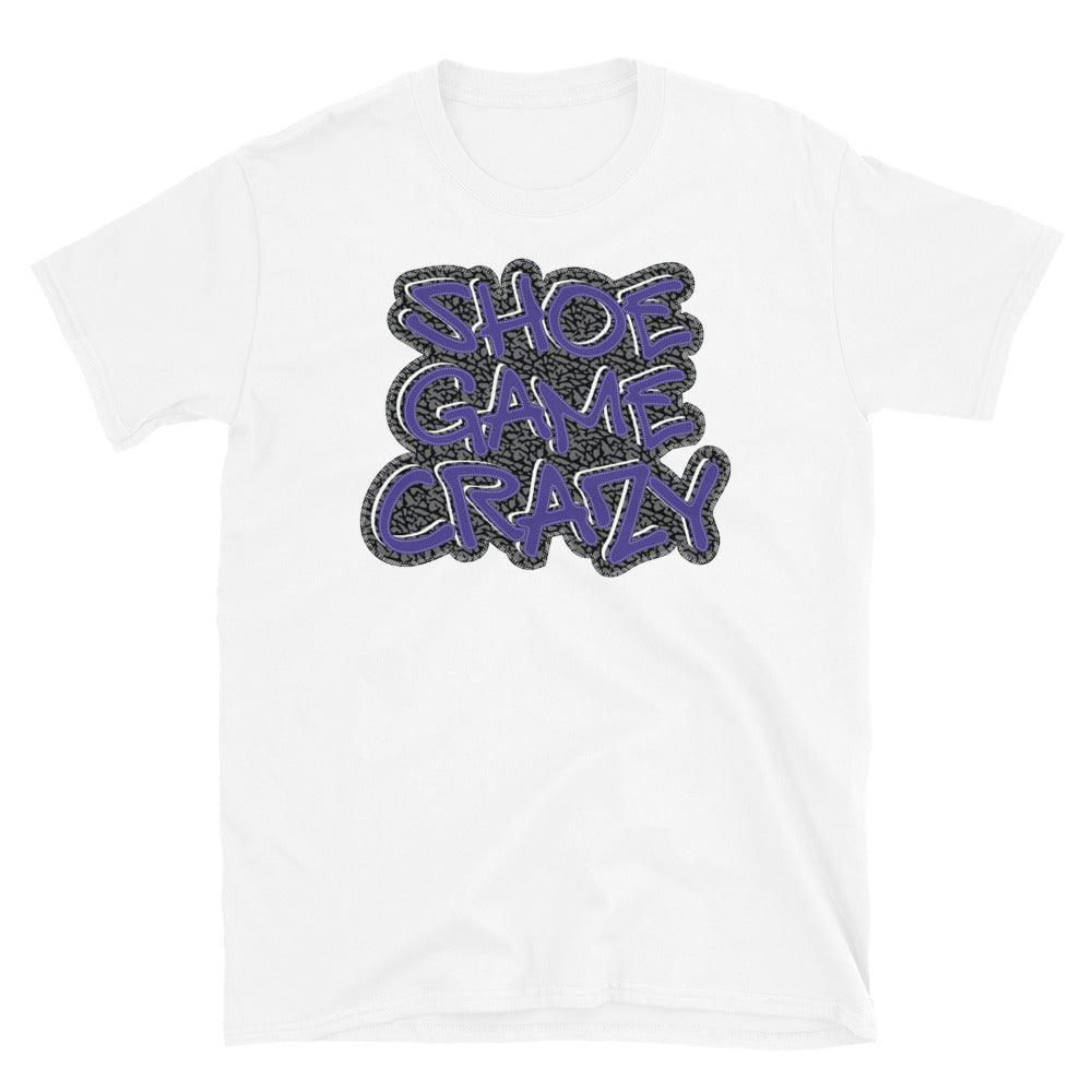 White Retro 3 Dark Iris Tee with Shoe Game Crazy on front